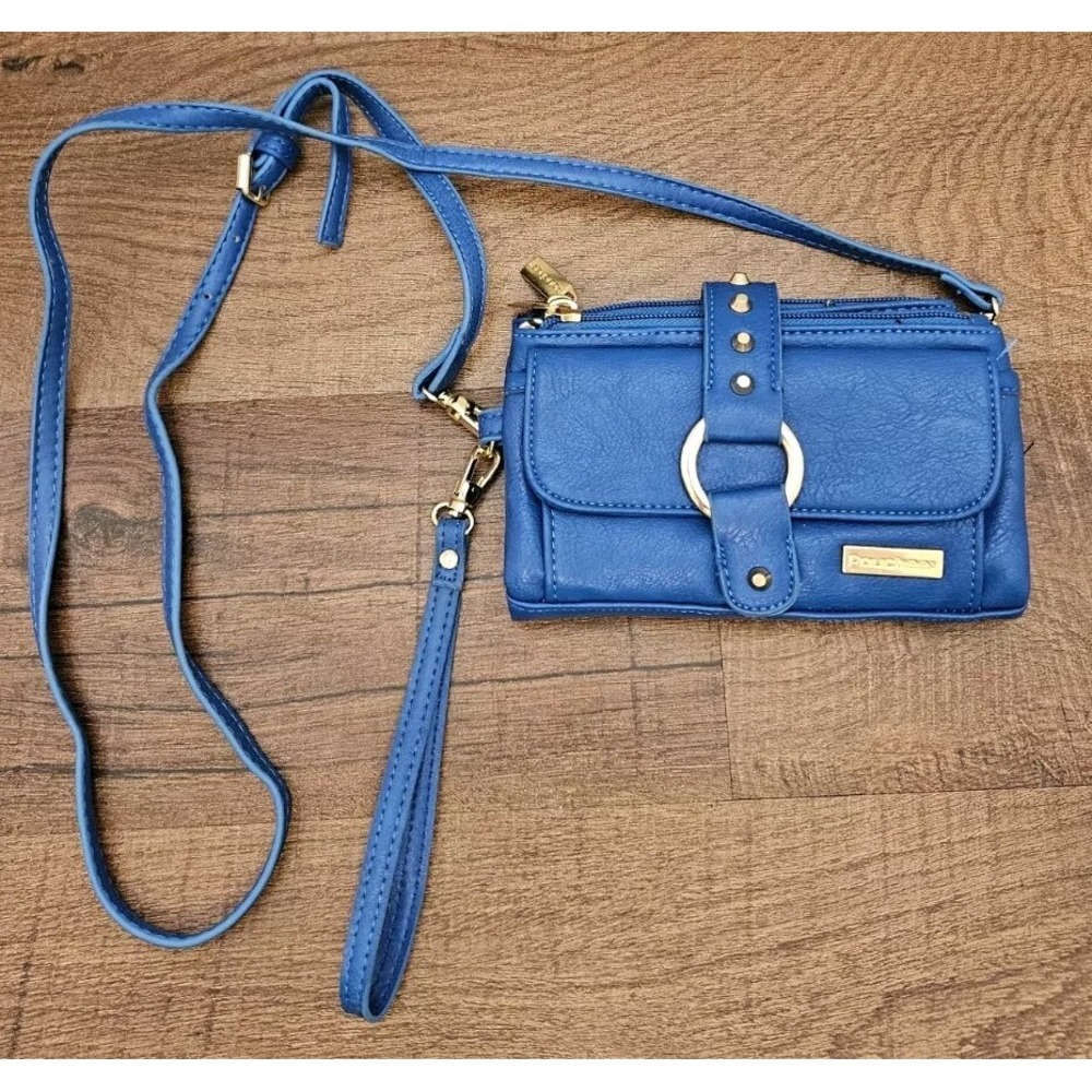 Pouchee Purse Blue Crossbody Wristlet Studded Gold Accents Multiple Pockets Y2K